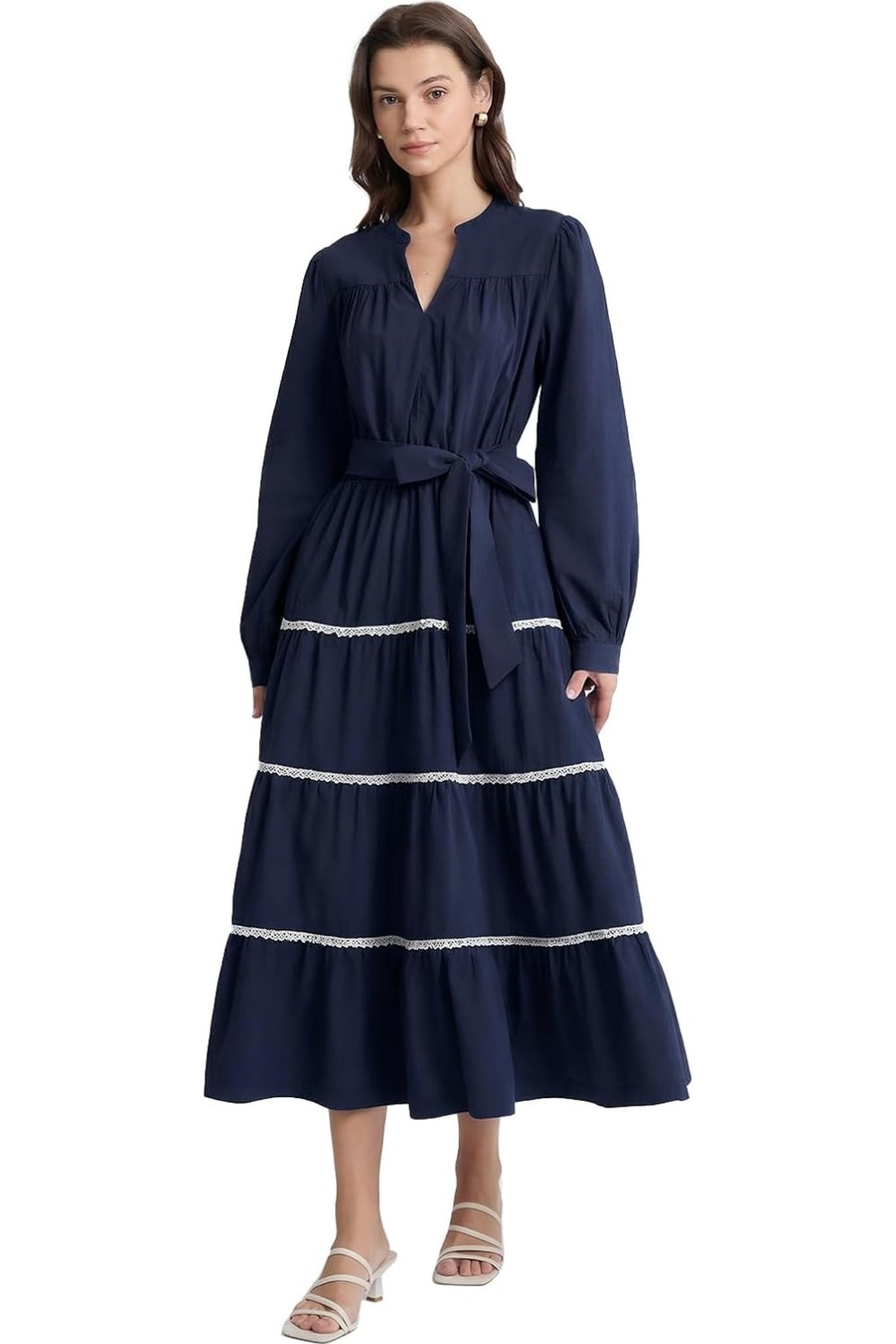 Dsun Effortless V Neck Tiered Maxi Dress With Contrast Trim And Waist Tie