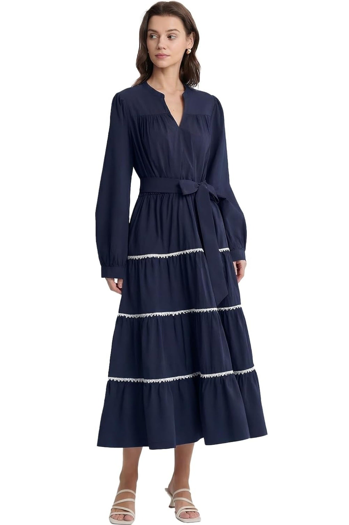 Dsun Effortless V Neck Tiered Maxi Dress With Contrast Trim And Waist Tie