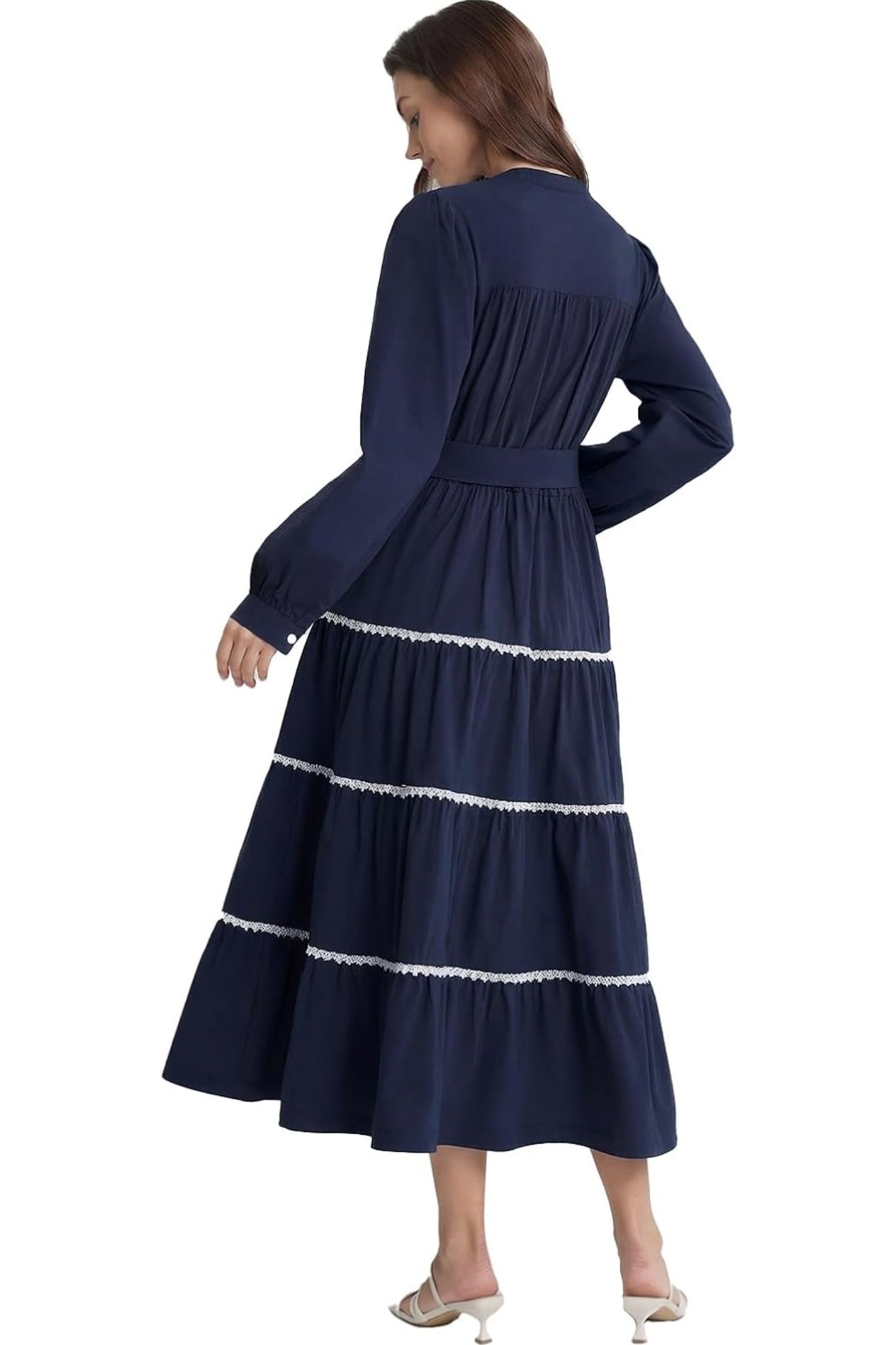 Dsun Effortless V Neck Tiered Maxi Dress With Contrast Trim And Waist Tie
