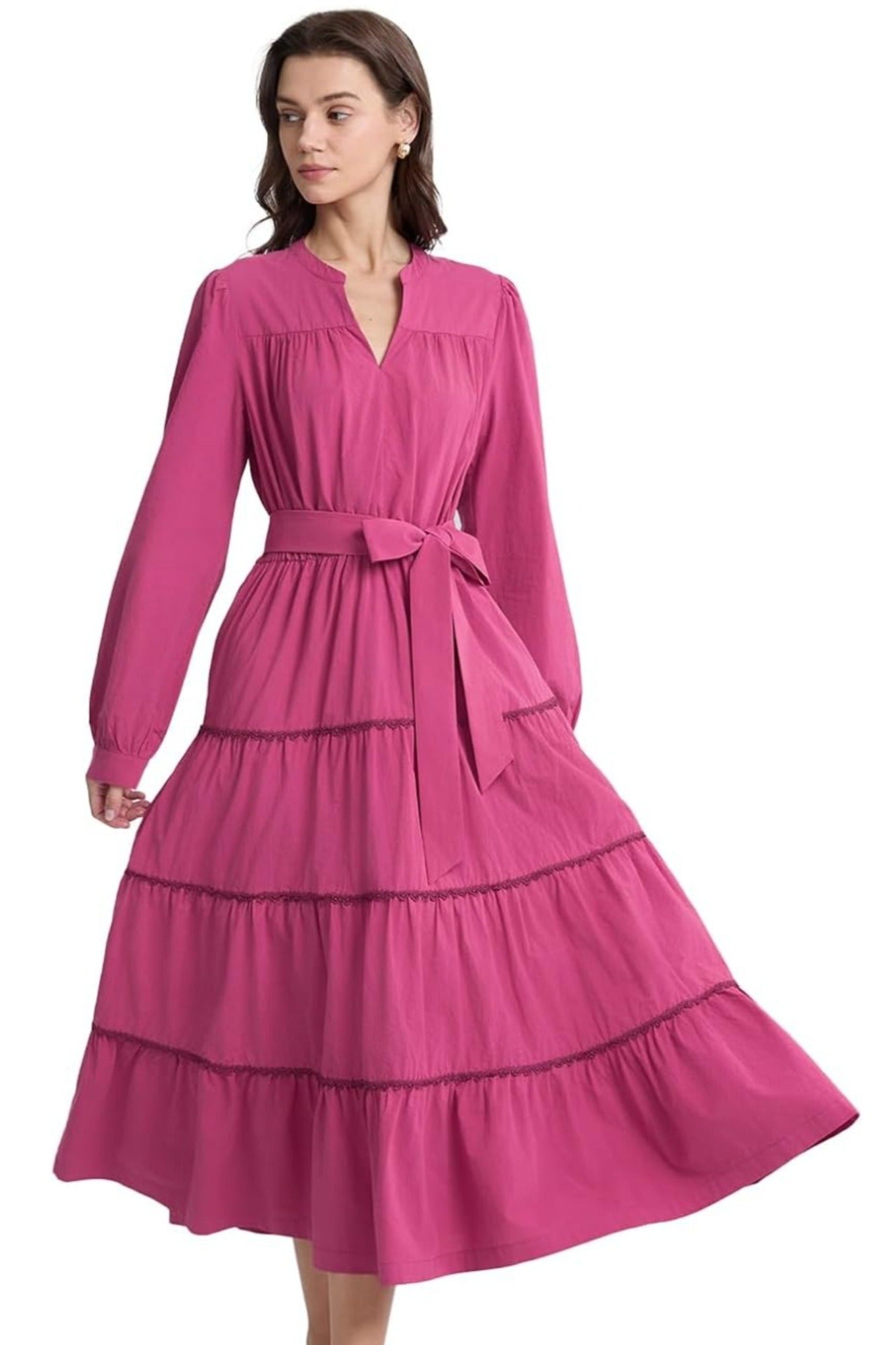 Dsun Effortless V Neck Tiered Maxi Dress With Contrast Trim And Waist Tie