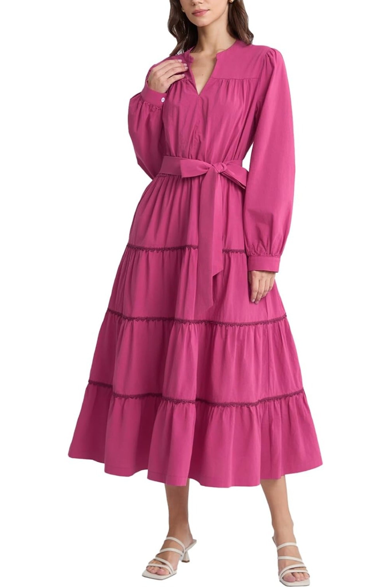 Dsun Effortless V Neck Tiered Maxi Dress With Contrast Trim And Waist Tie