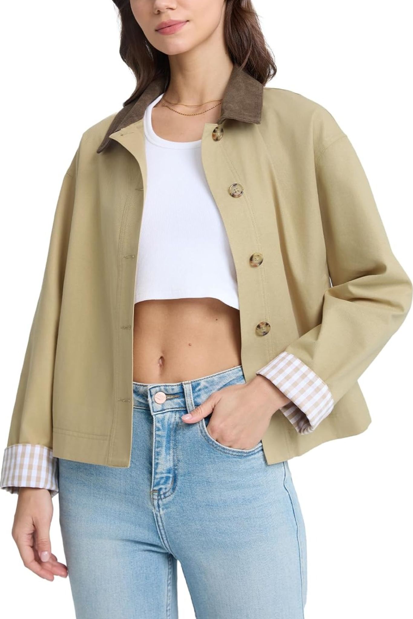 Dsun Vintage Vibe Contrast Collar Khaki Cropped Utility Jacket