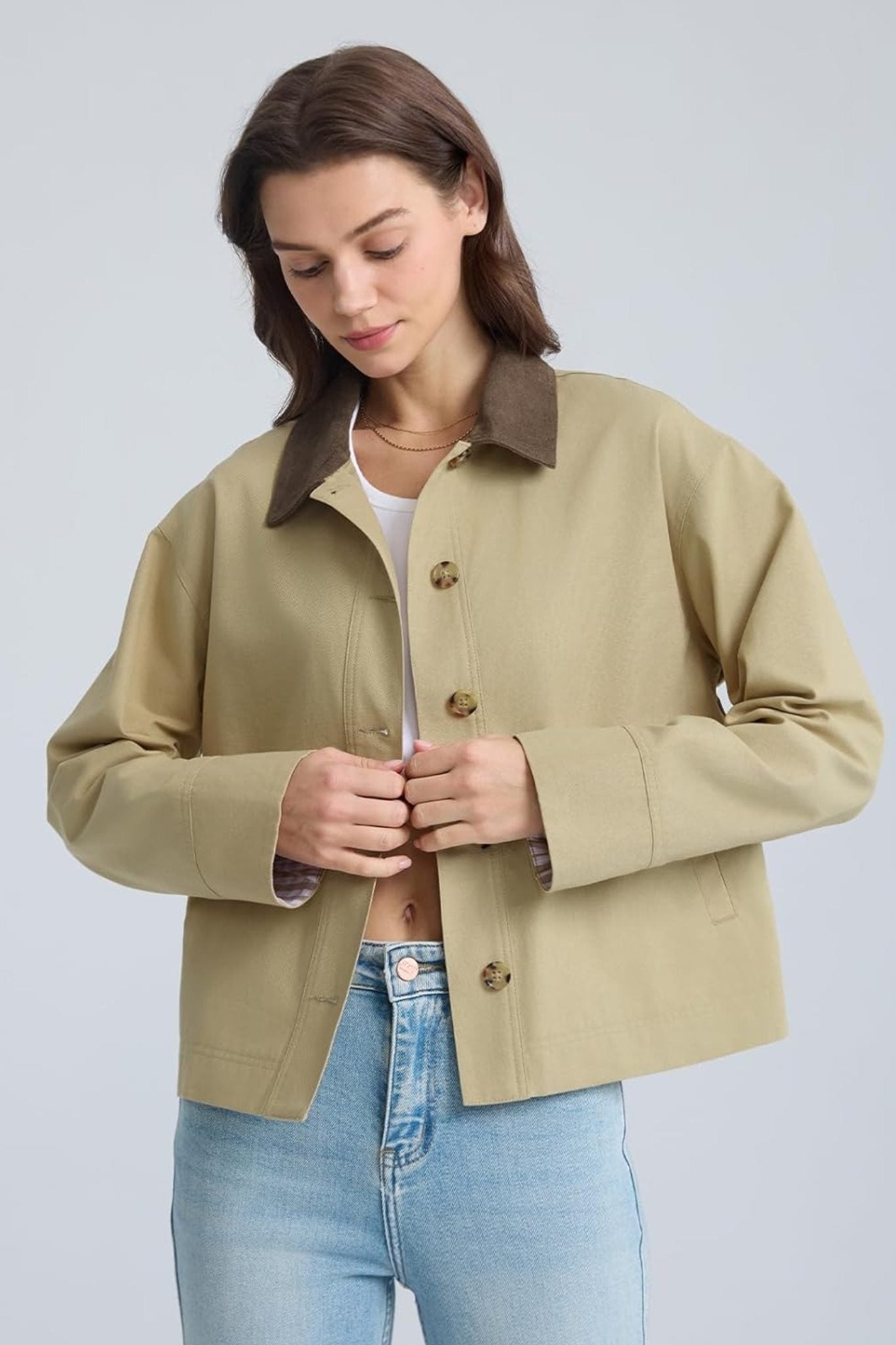 Dsun Vintage Vibe Contrast Collar Khaki Cropped Utility Jacket