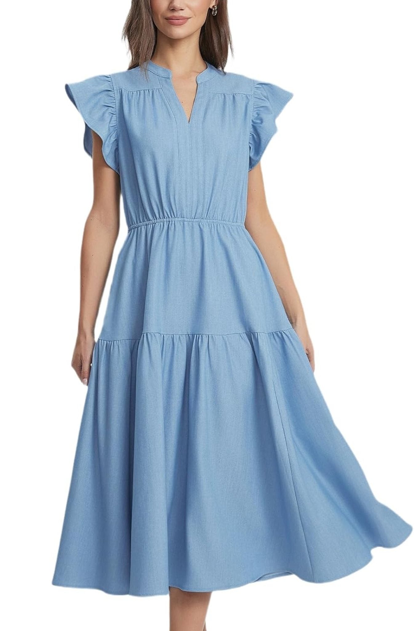Dsun V Neck Ruffle Sleeve Tiered Denim Midi Dress