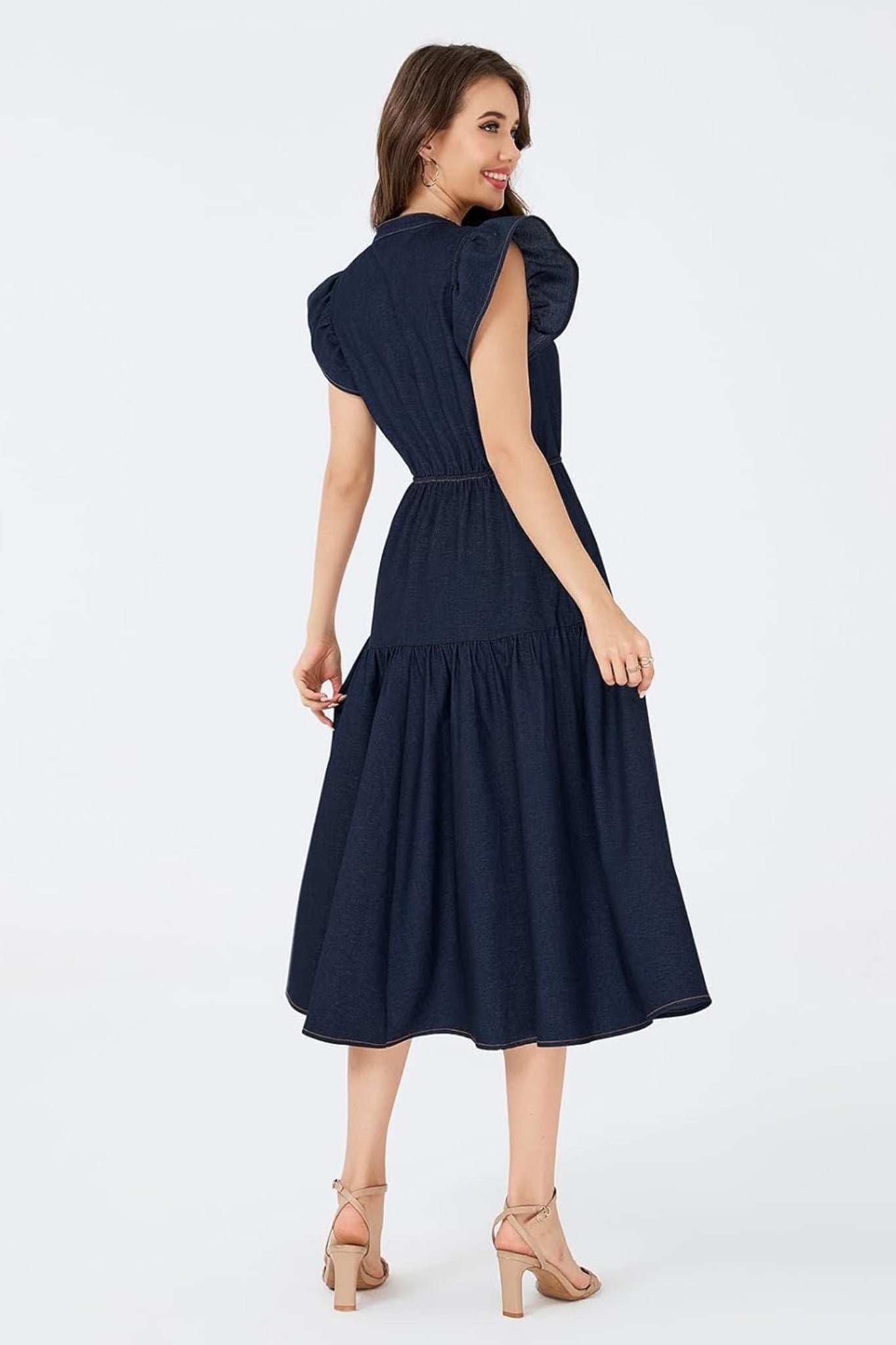 Dsun V Neck Ruffle Sleeve Tiered Denim Midi Dress