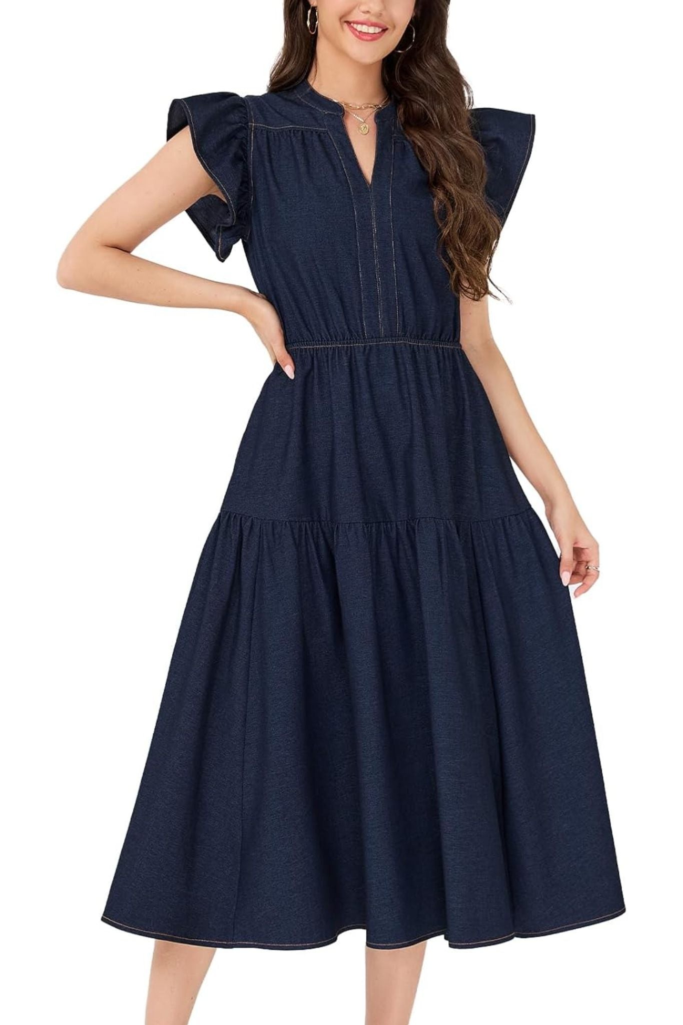 Dsun V Neck Ruffle Sleeve Tiered Denim Midi Dress