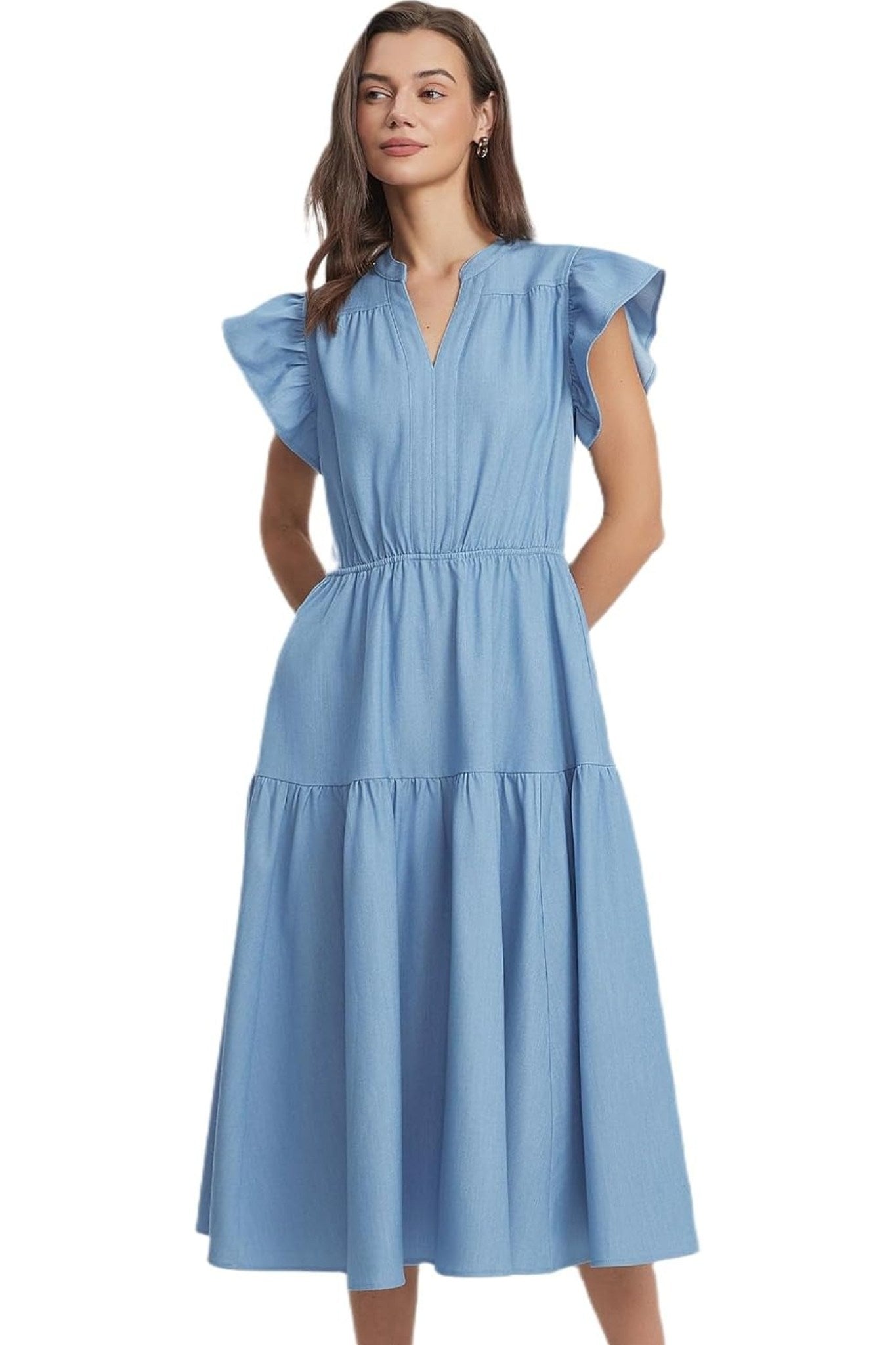 Dsun V Neck Ruffle Sleeve Tiered Denim Midi Dress
