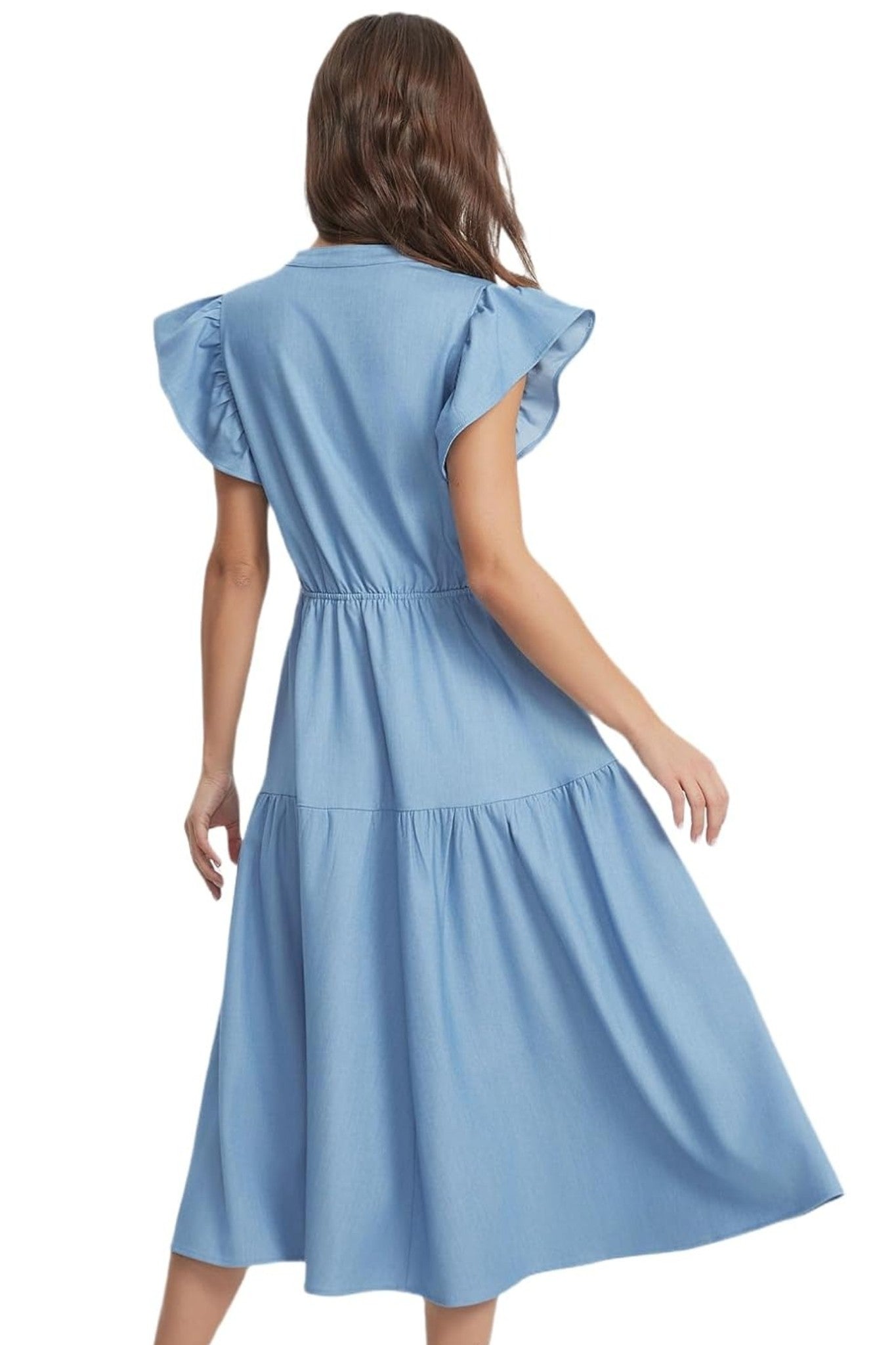 Dsun V Neck Ruffle Sleeve Tiered Denim Midi Dress
