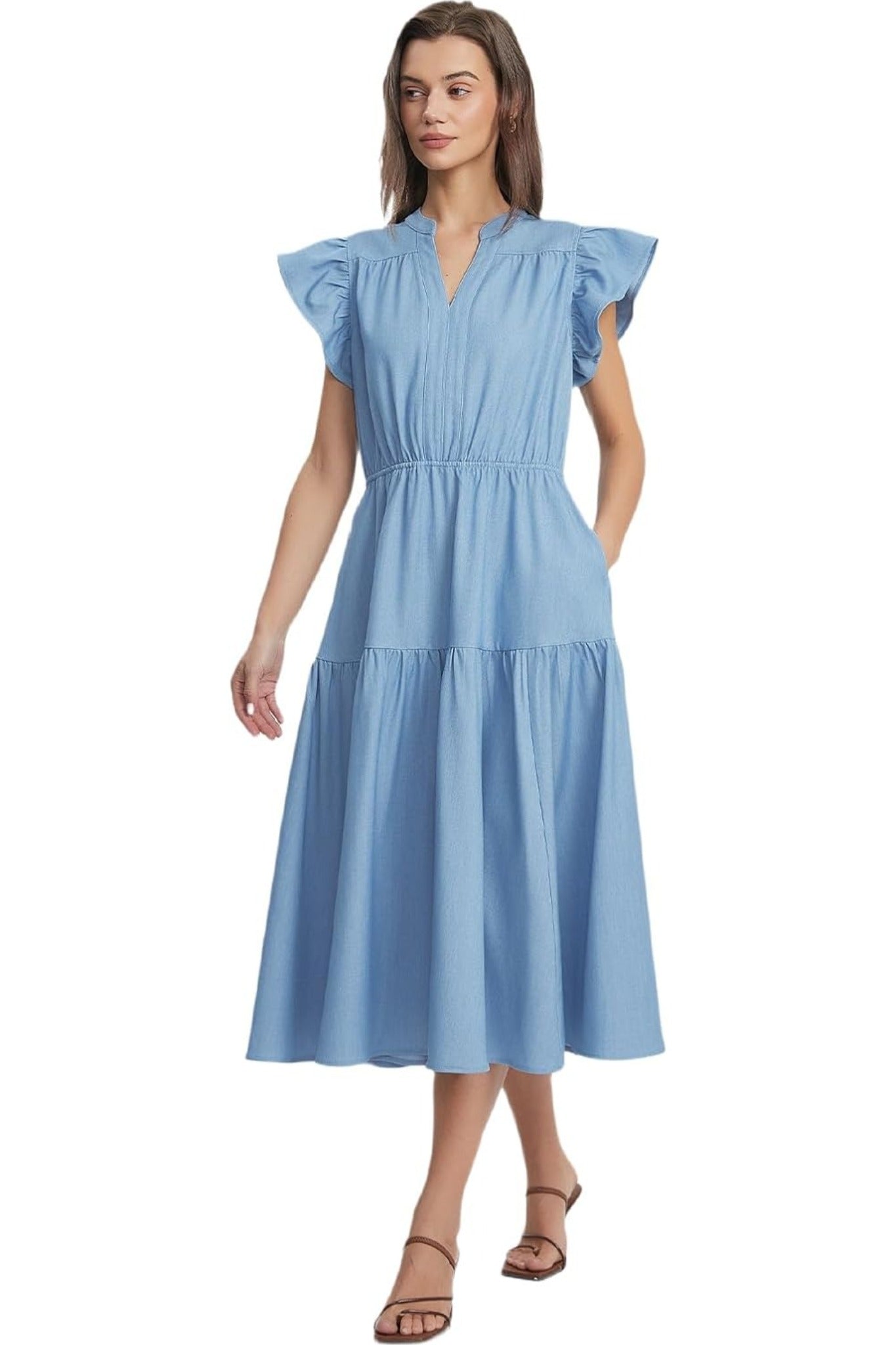 Dsun V Neck Ruffle Sleeve Tiered Denim Midi Dress
