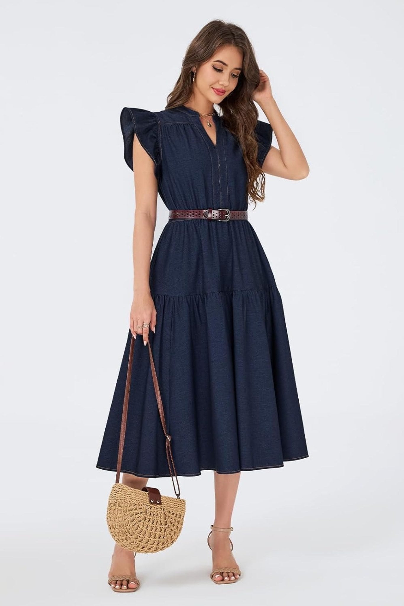 Dsun V Neck Ruffle Sleeve Tiered Denim Midi Dress