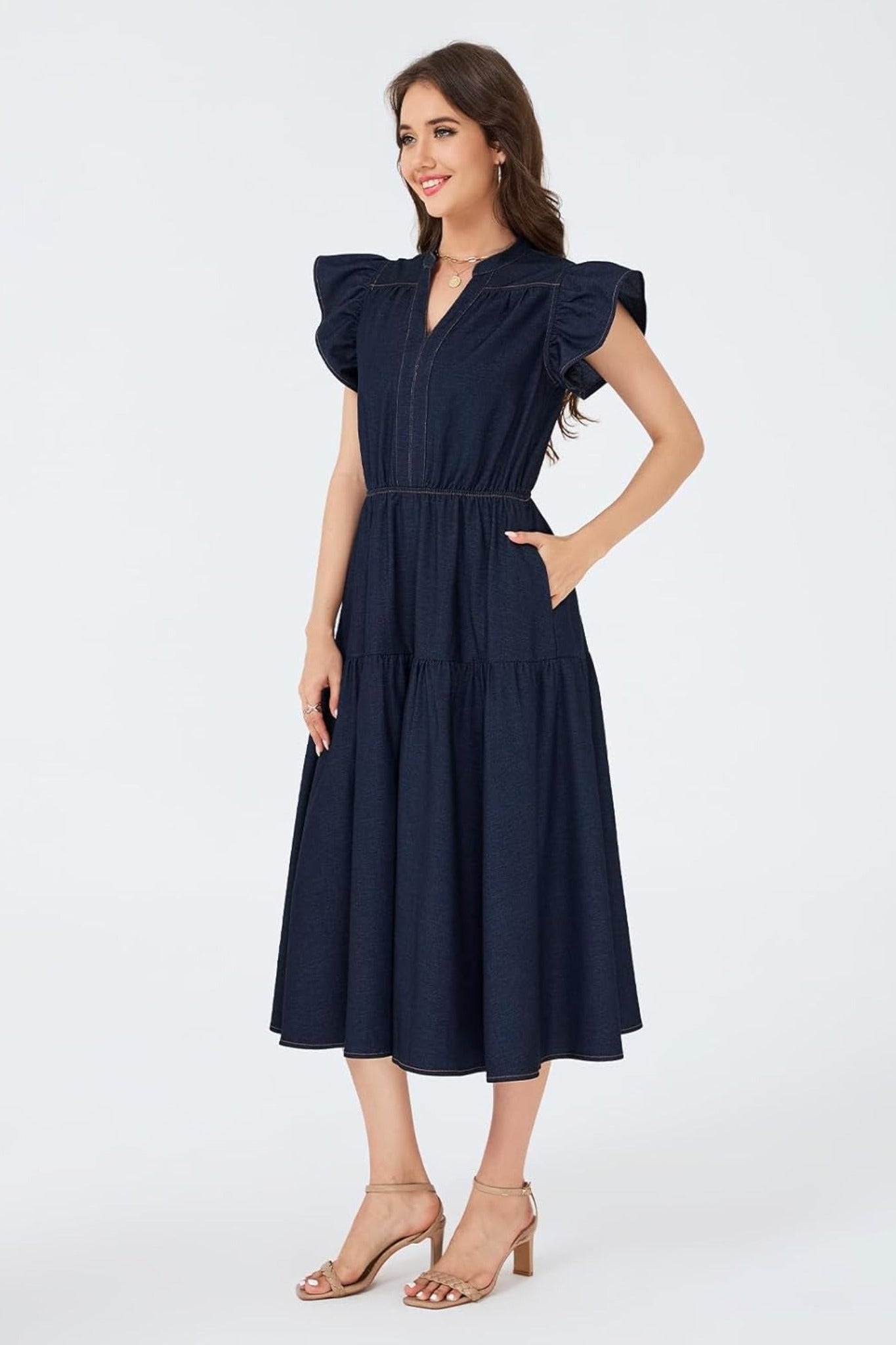 Dsun V Neck Ruffle Sleeve Tiered Denim Midi Dress