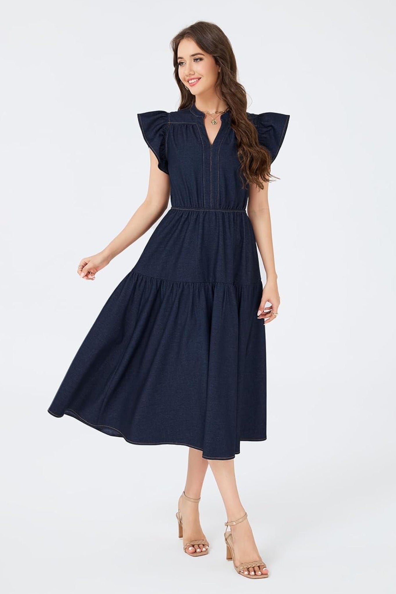 Dsun V Neck Ruffle Sleeve Tiered Denim Midi Dress