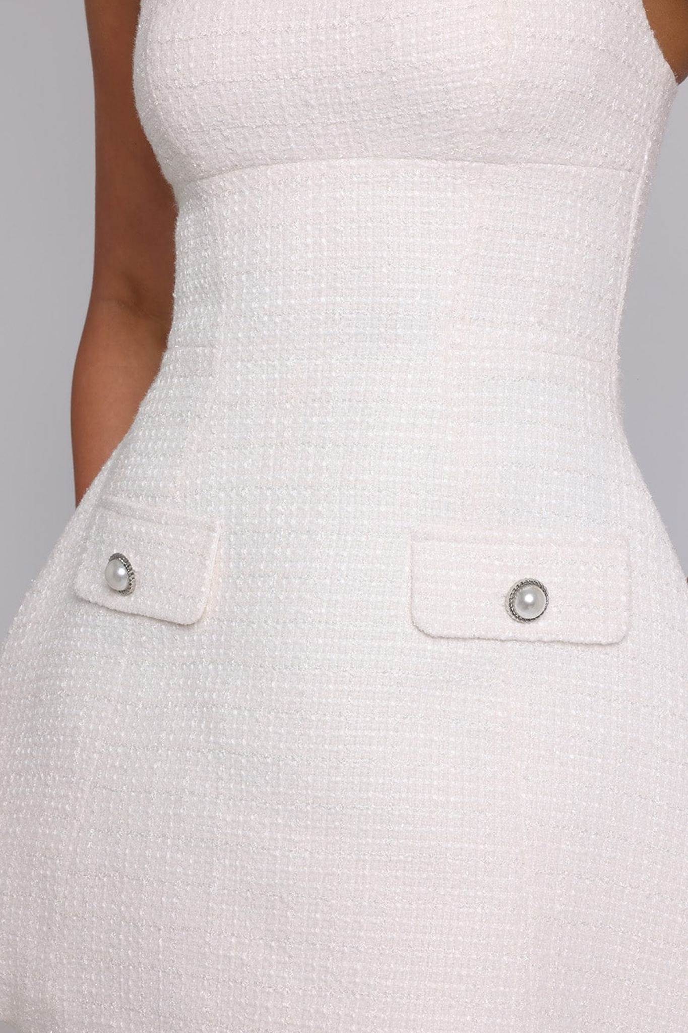 Ezabutus Elegant White Tweed Mini Dress With Square Neckline And Adjustable Straps