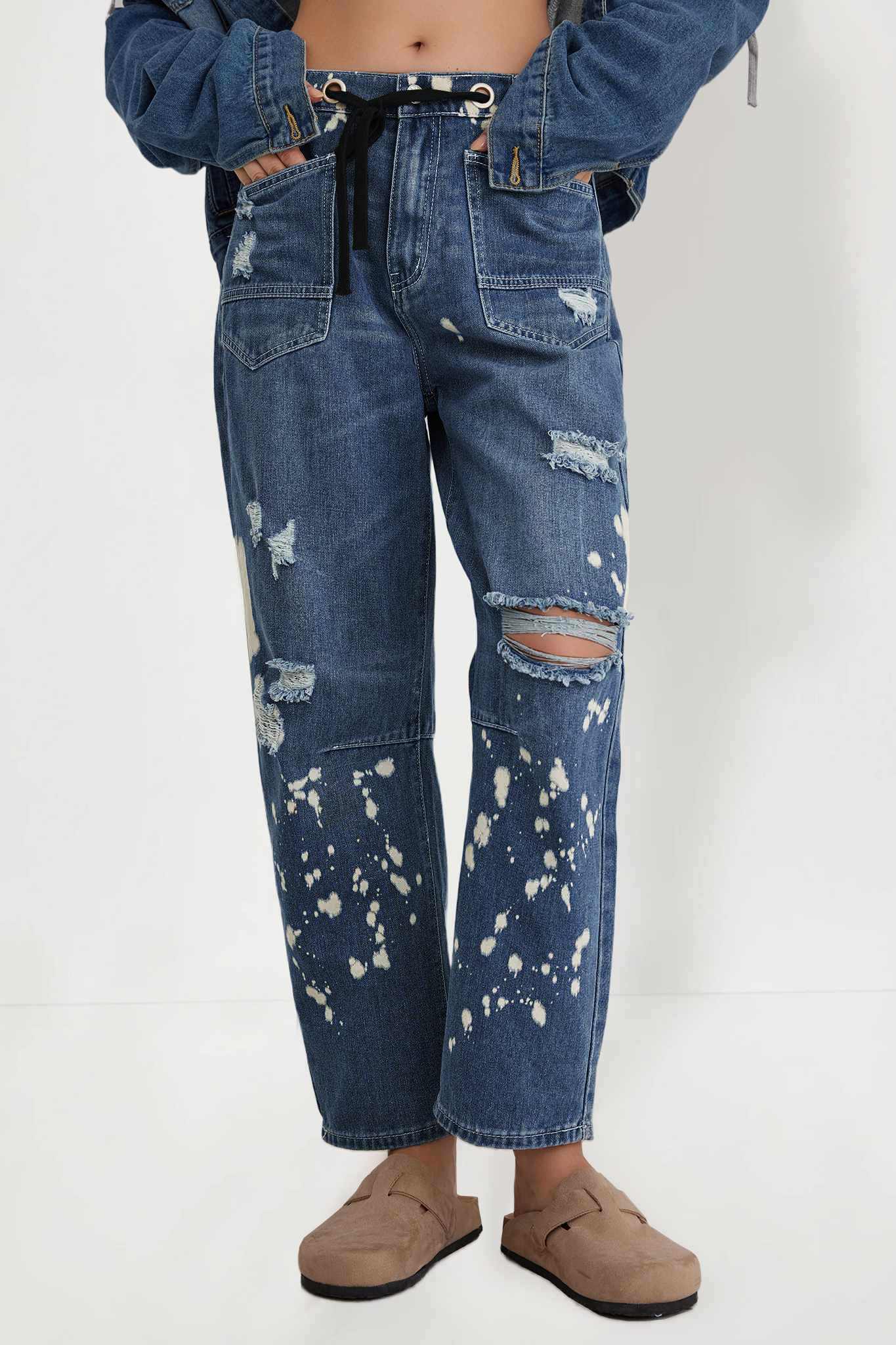 Mid-Rise Drawstring Wide Leg Denim Jeans