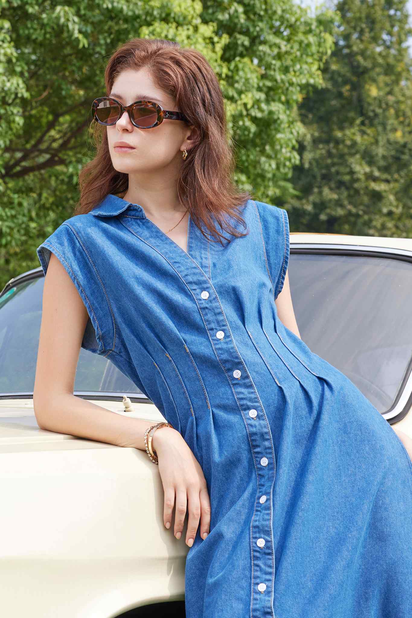 Sleeveless Denim Shirt Midi Dress