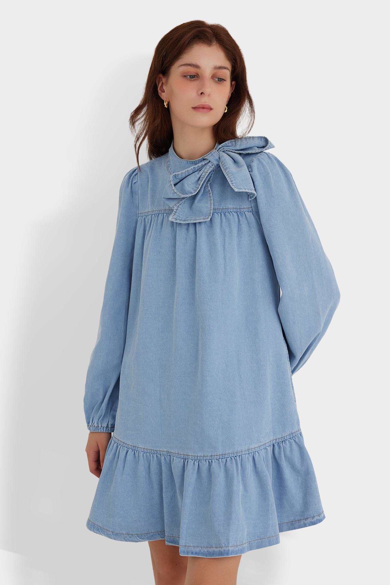 Puff Long Sleeve Denim Dress With Bow