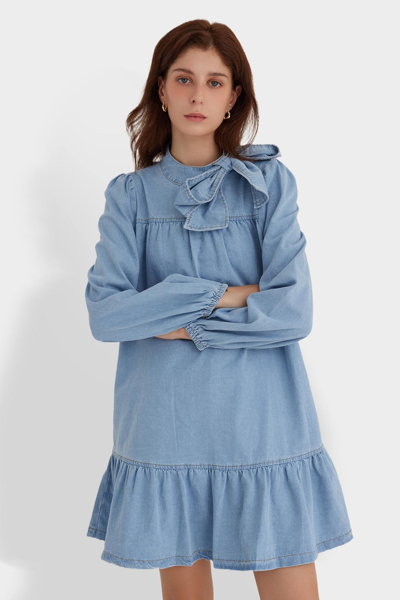 Puff Long Sleeve Denim Dress With Bow