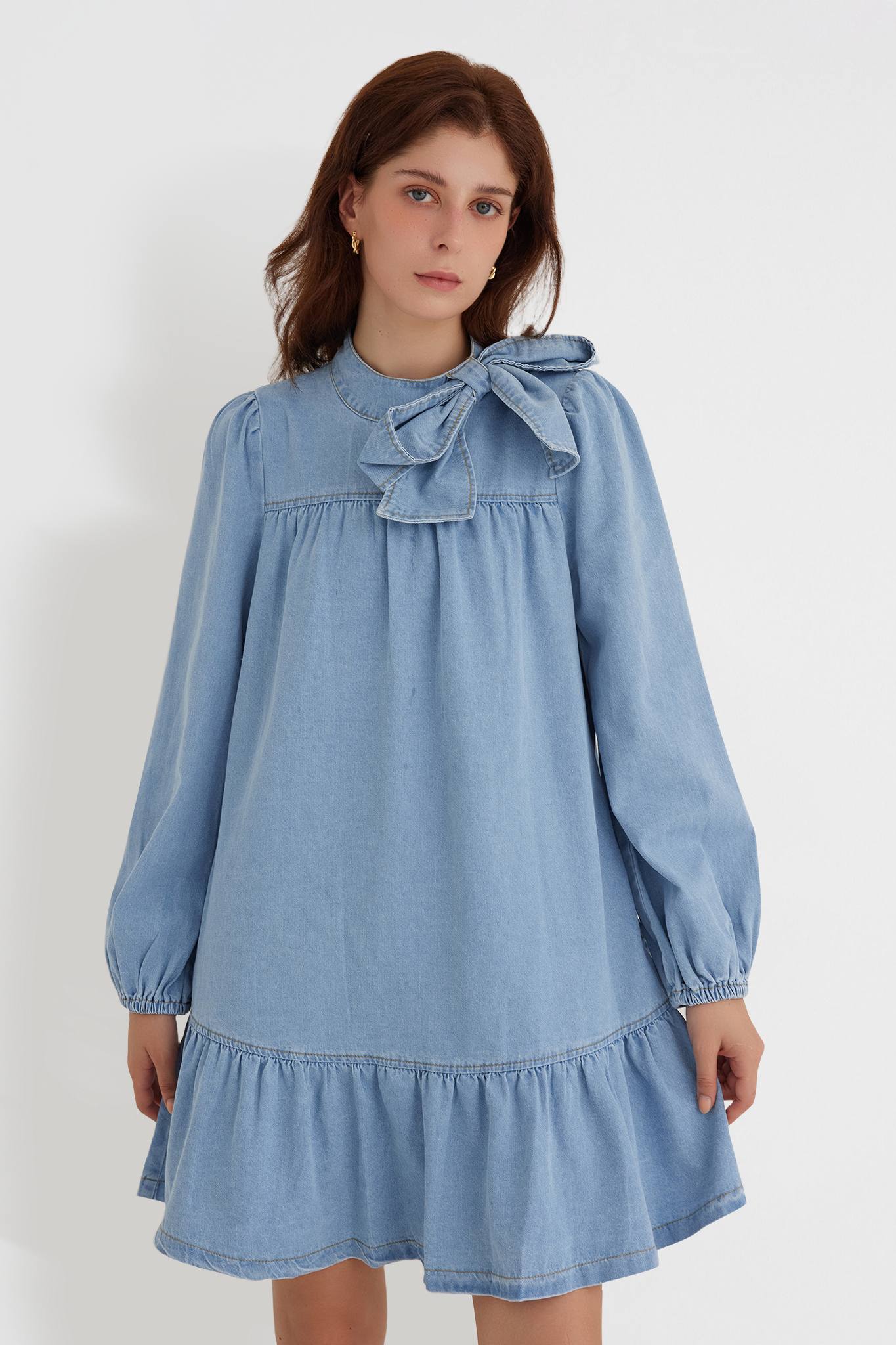 Puff Long Sleeve Denim Dress With Bow