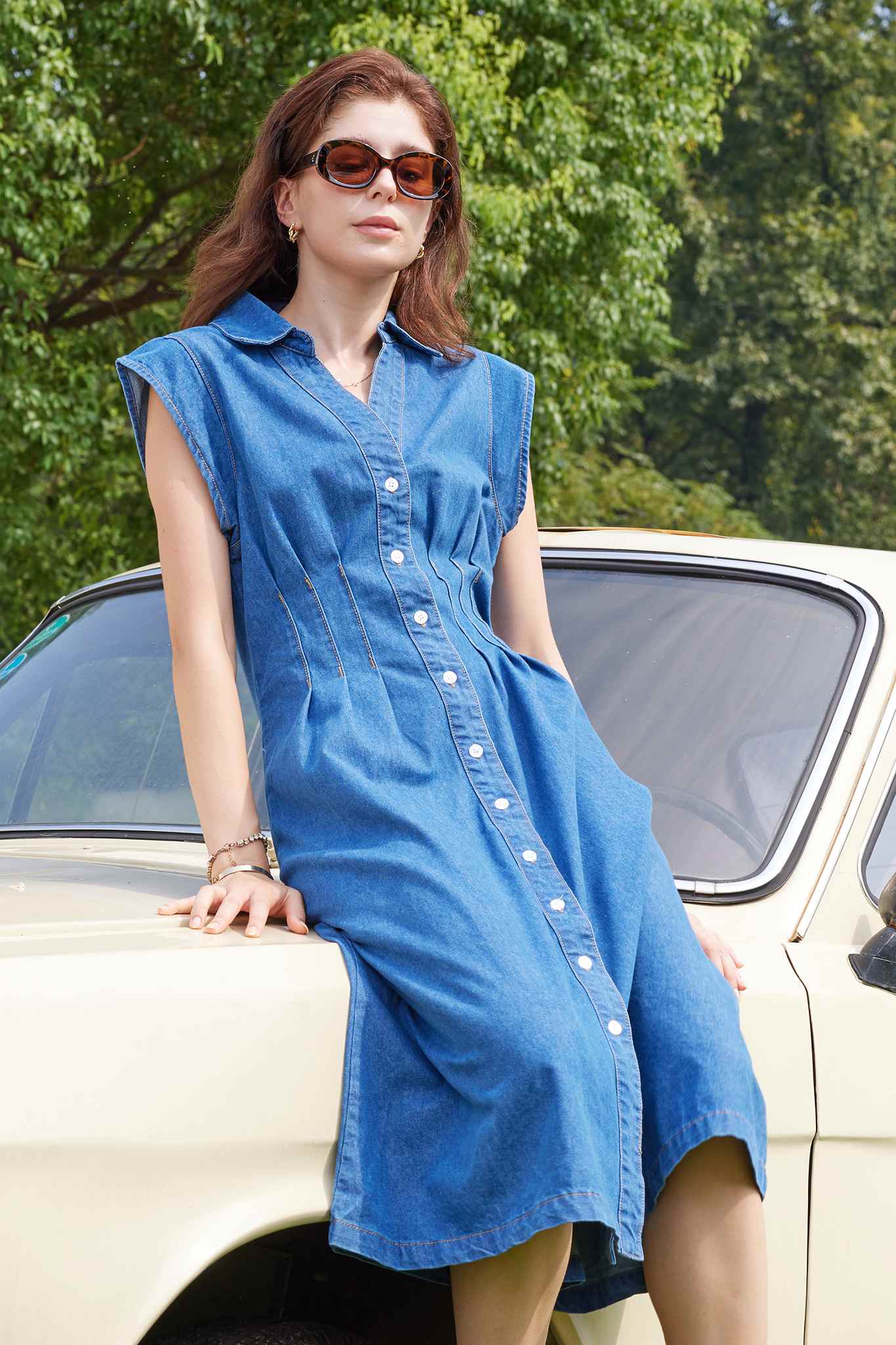 Sleeveless Denim Shirt Midi Dress