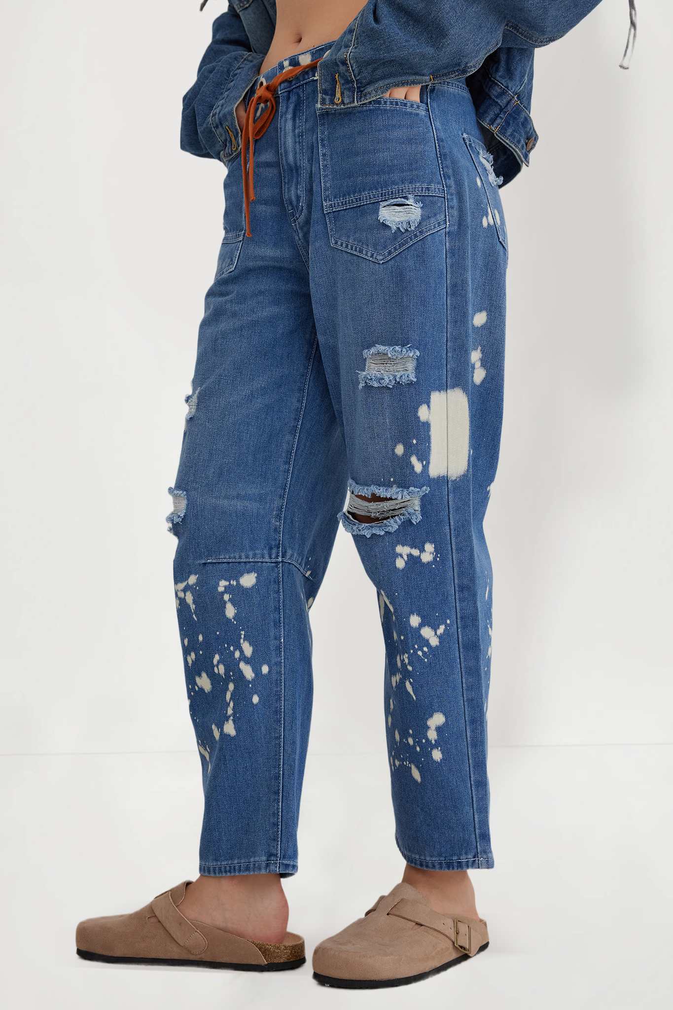 Mid-Rise Drawstring Wide Leg Denim Jeans