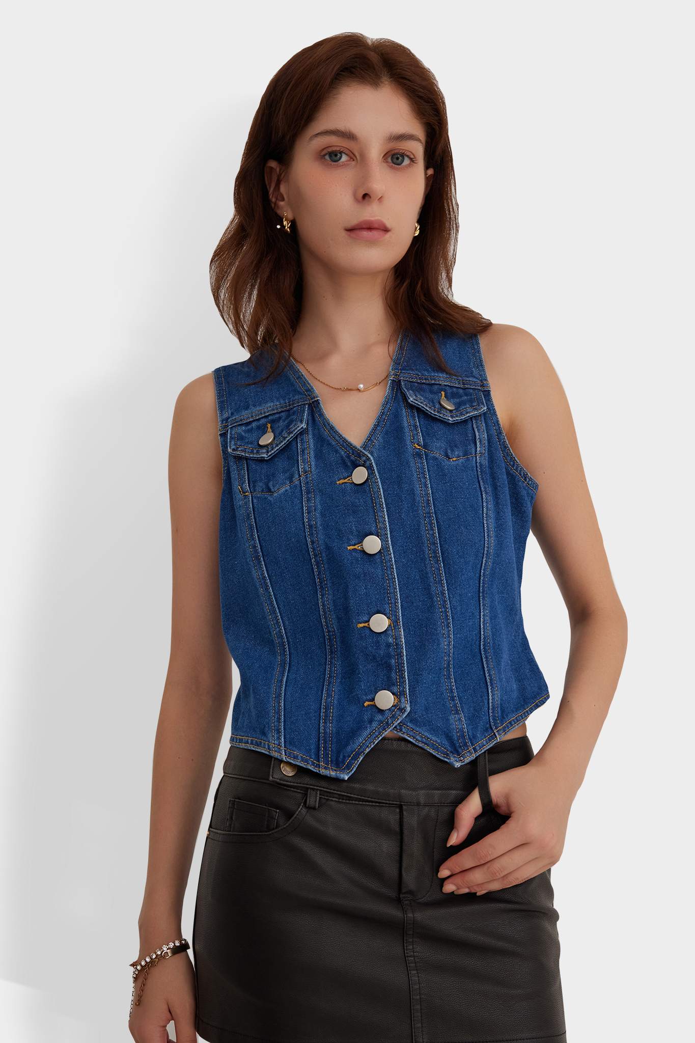 V Neck Sleeveless Denim Vest