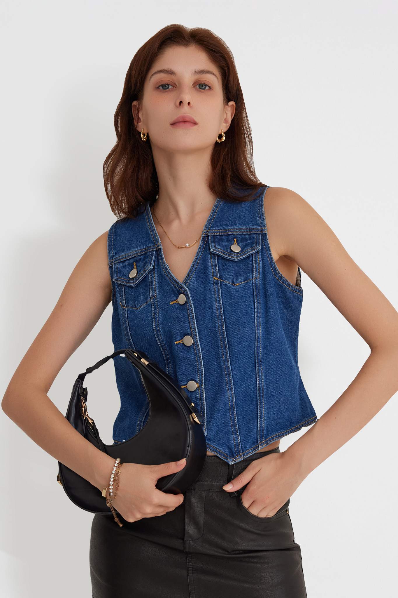 V Neck Sleeveless Denim Vest