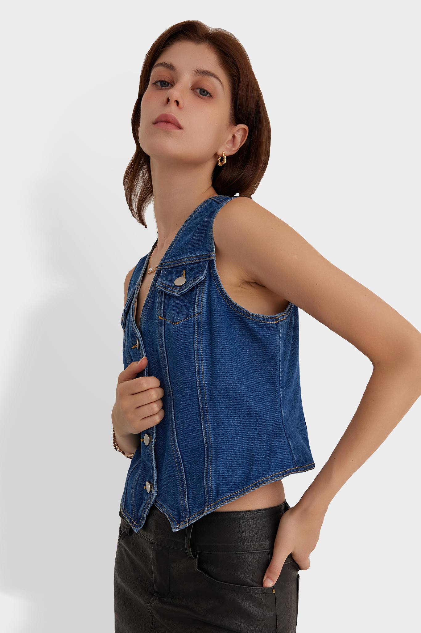 V Neck Sleeveless Denim Vest