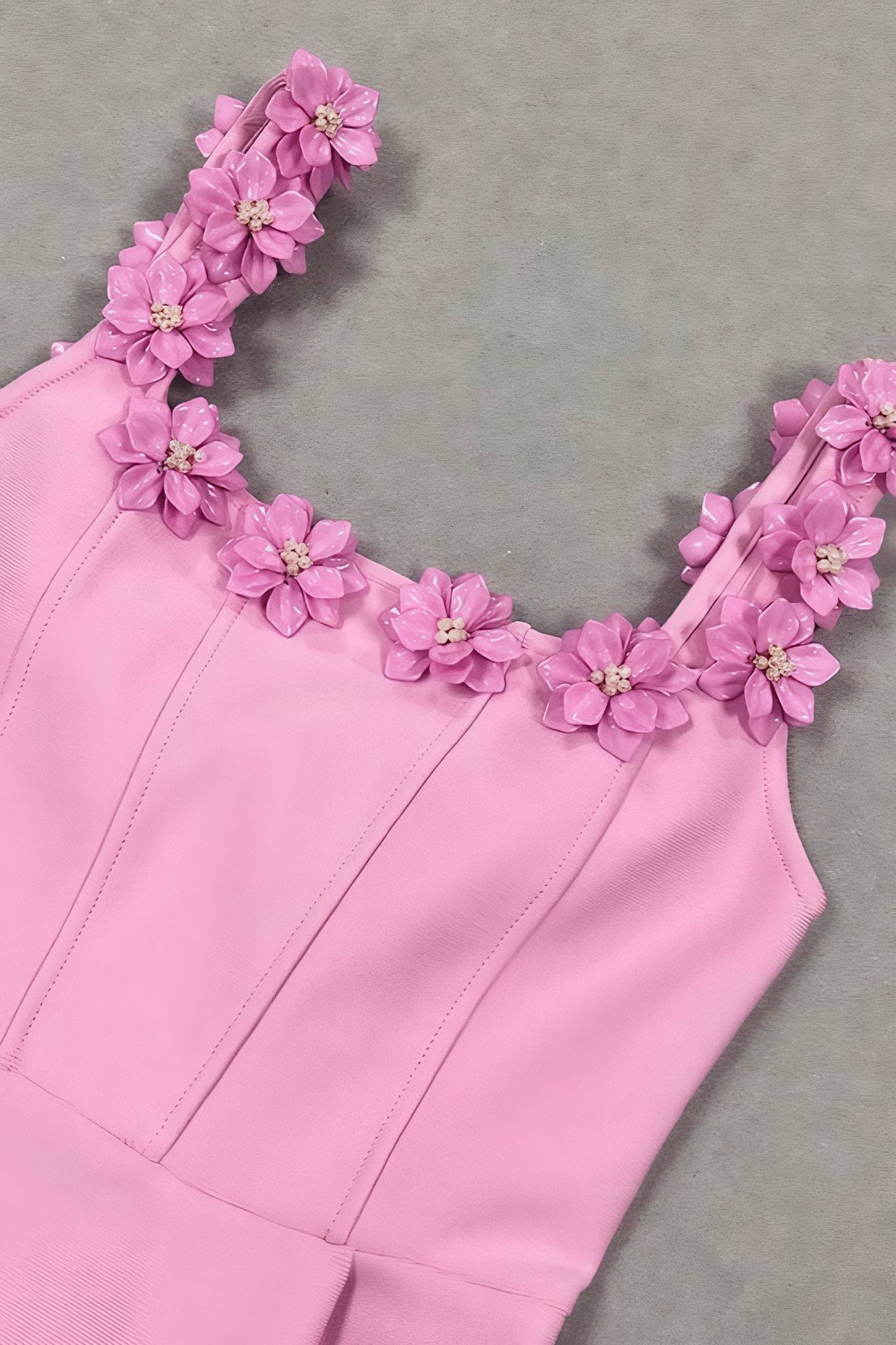 Ezabutus 3D Pearl Flower Applique Square Neck Pocketed Mini Dress