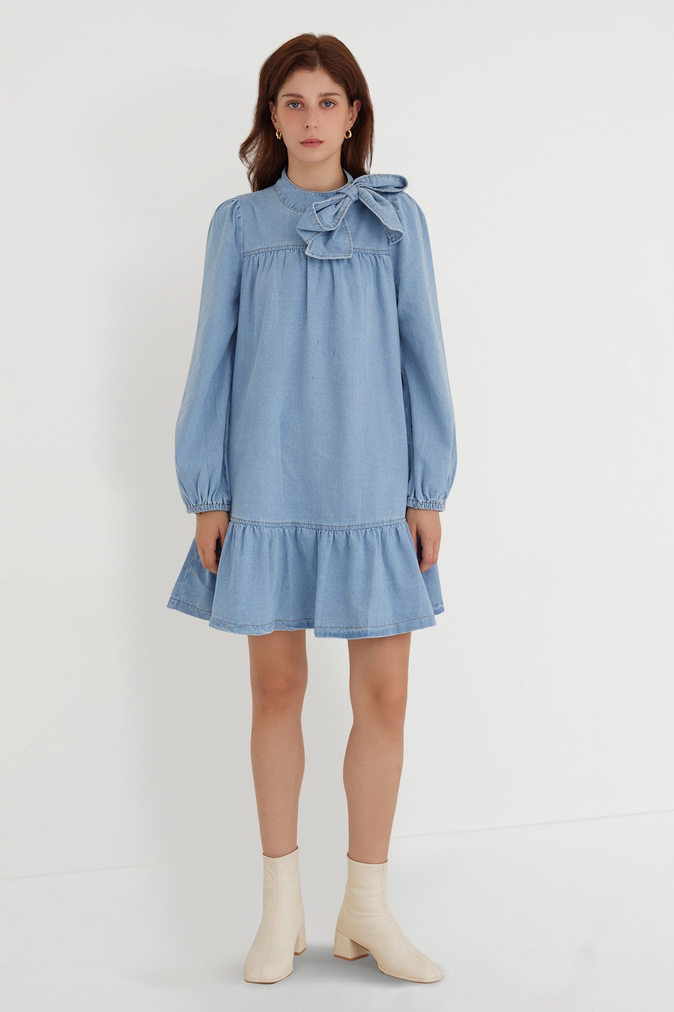 Puff Long Sleeve Denim Dress With Bow