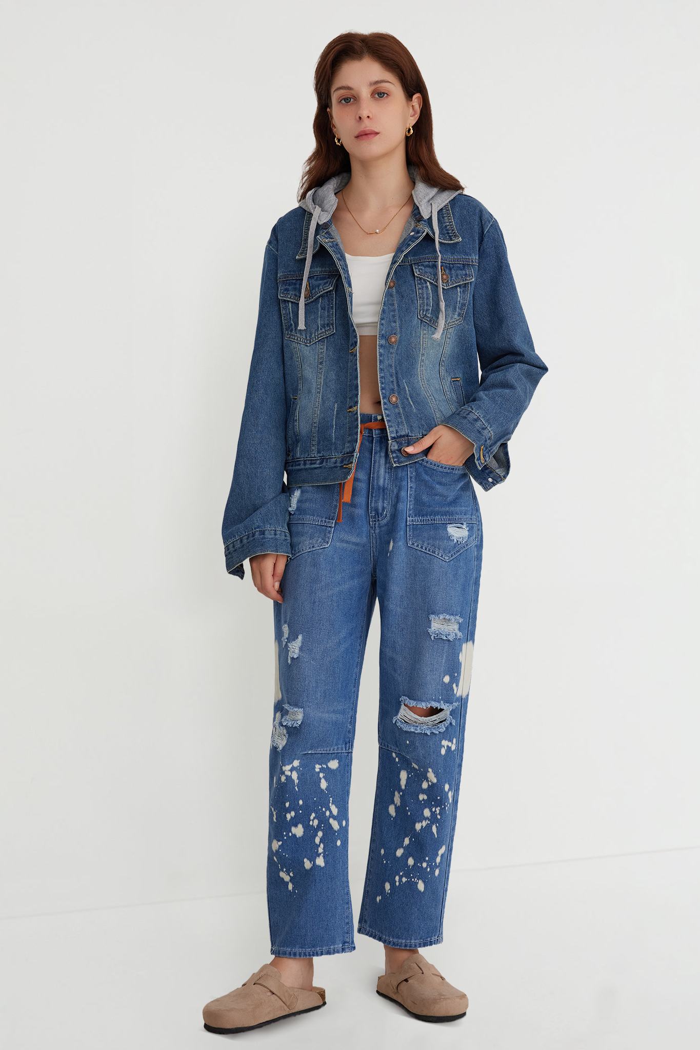 Mid-Rise Drawstring Wide Leg Denim Jeans