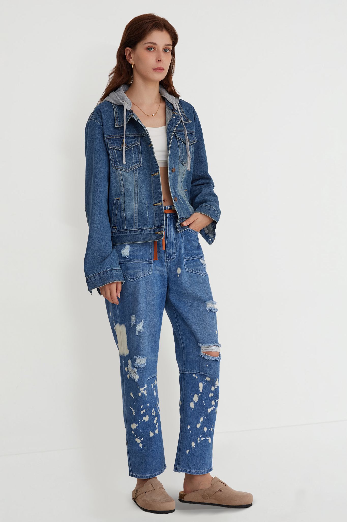 Mid-Rise Drawstring Wide Leg Denim Jeans