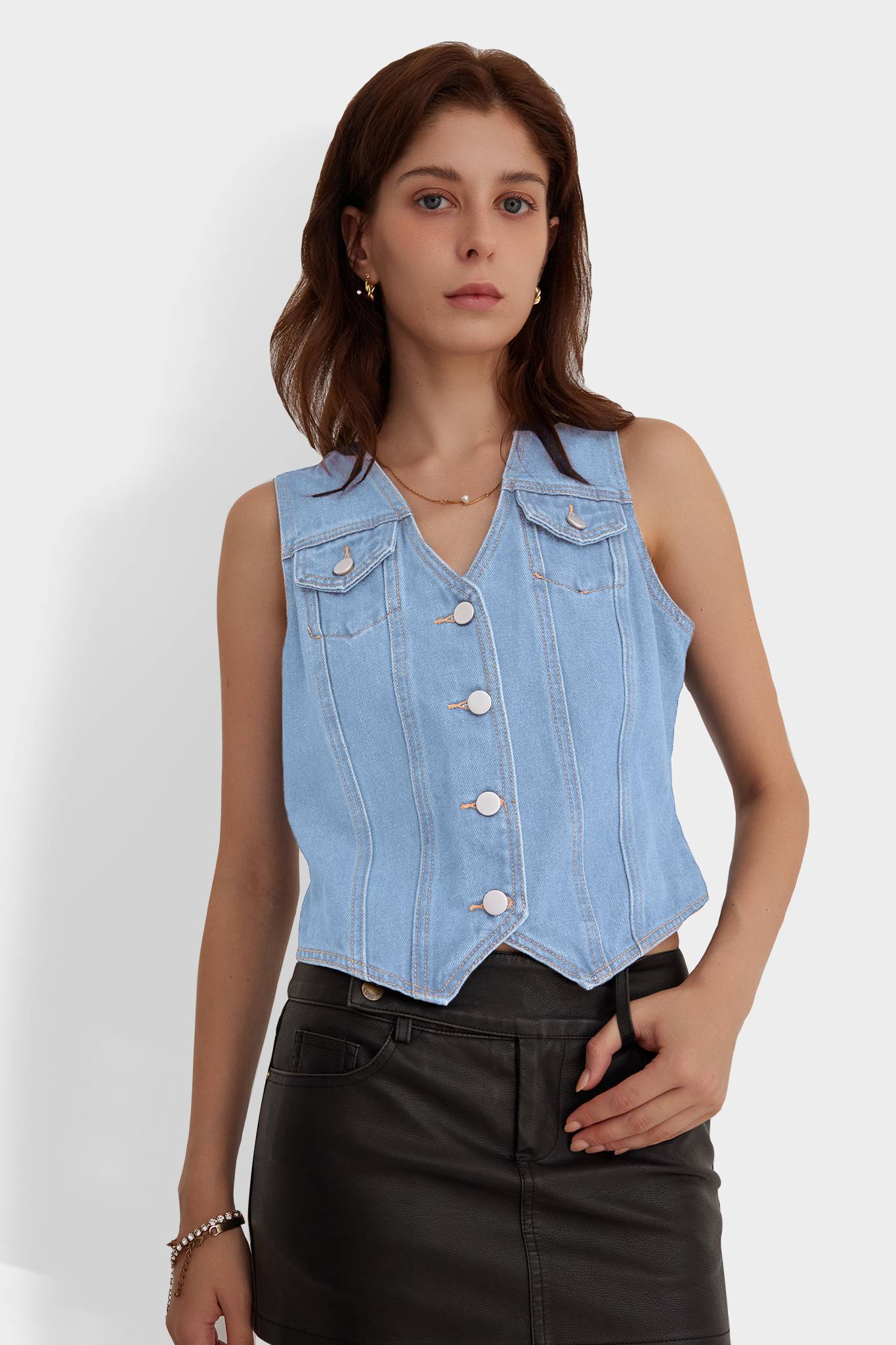 V Neck Sleeveless Denim Vest