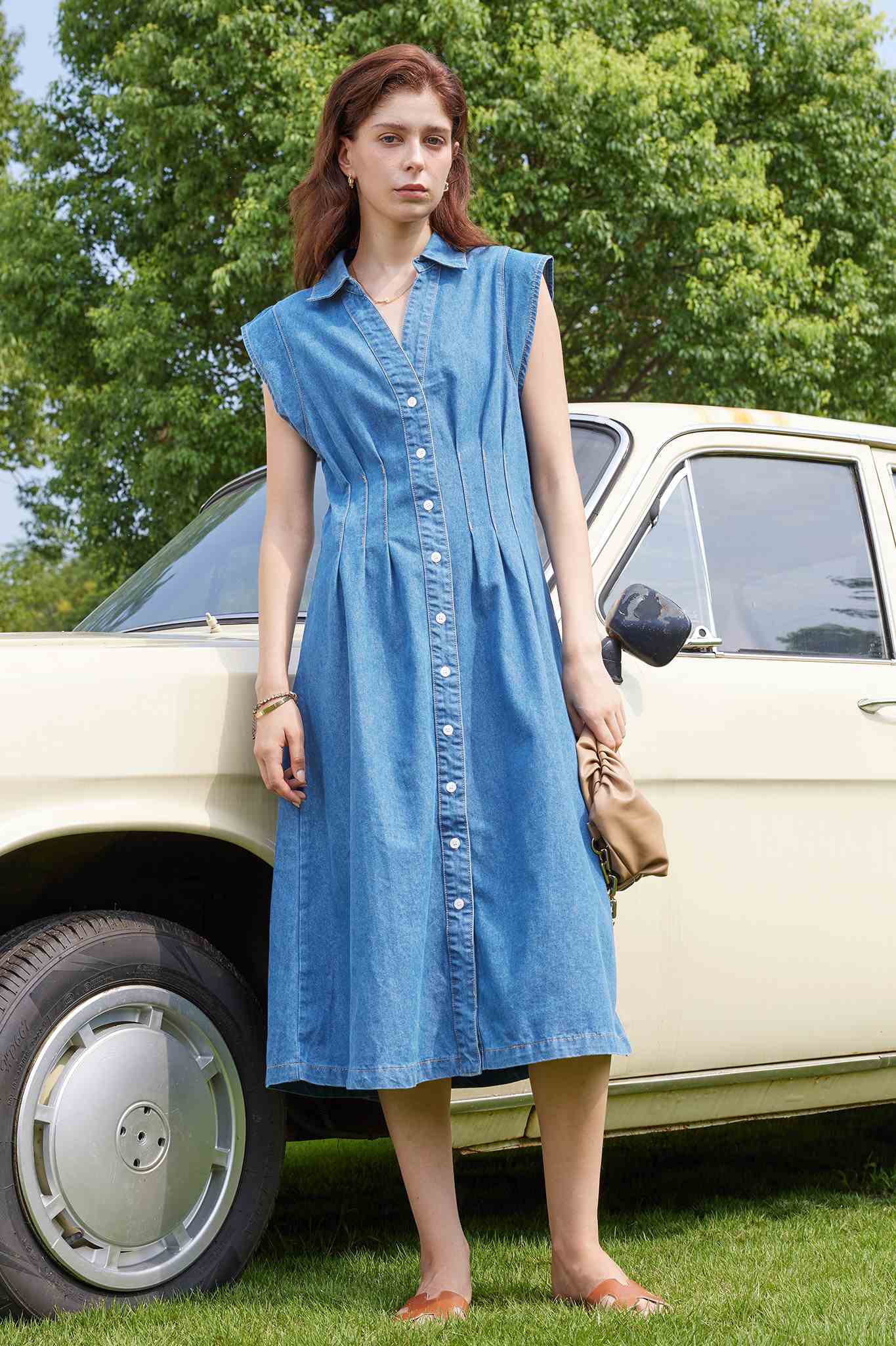 Sleeveless Denim Shirt Midi Dress