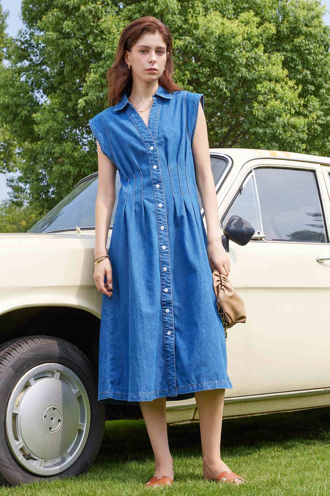 Sleeveless Denim Shirt Midi Dress