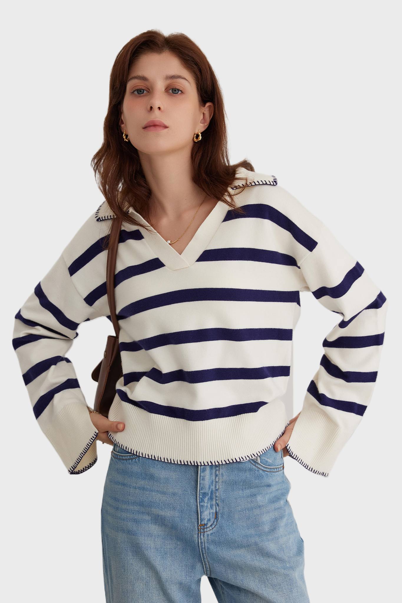 V Neck Casual Striped Pullover Sweater